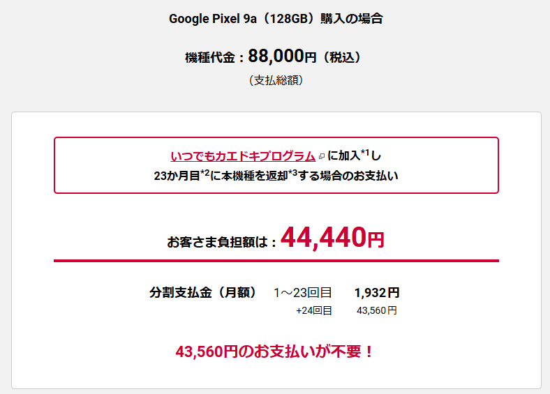 ドコモでGoogle Pixel 9a(128GB)購入の場合